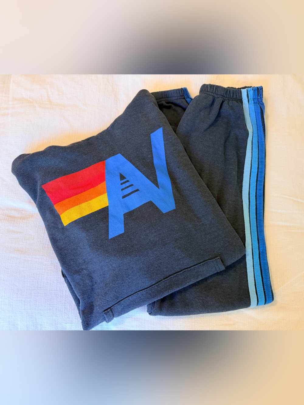 Aviator Nation Dark Gray Sweatsuit set with Blue Side Stripes on pants